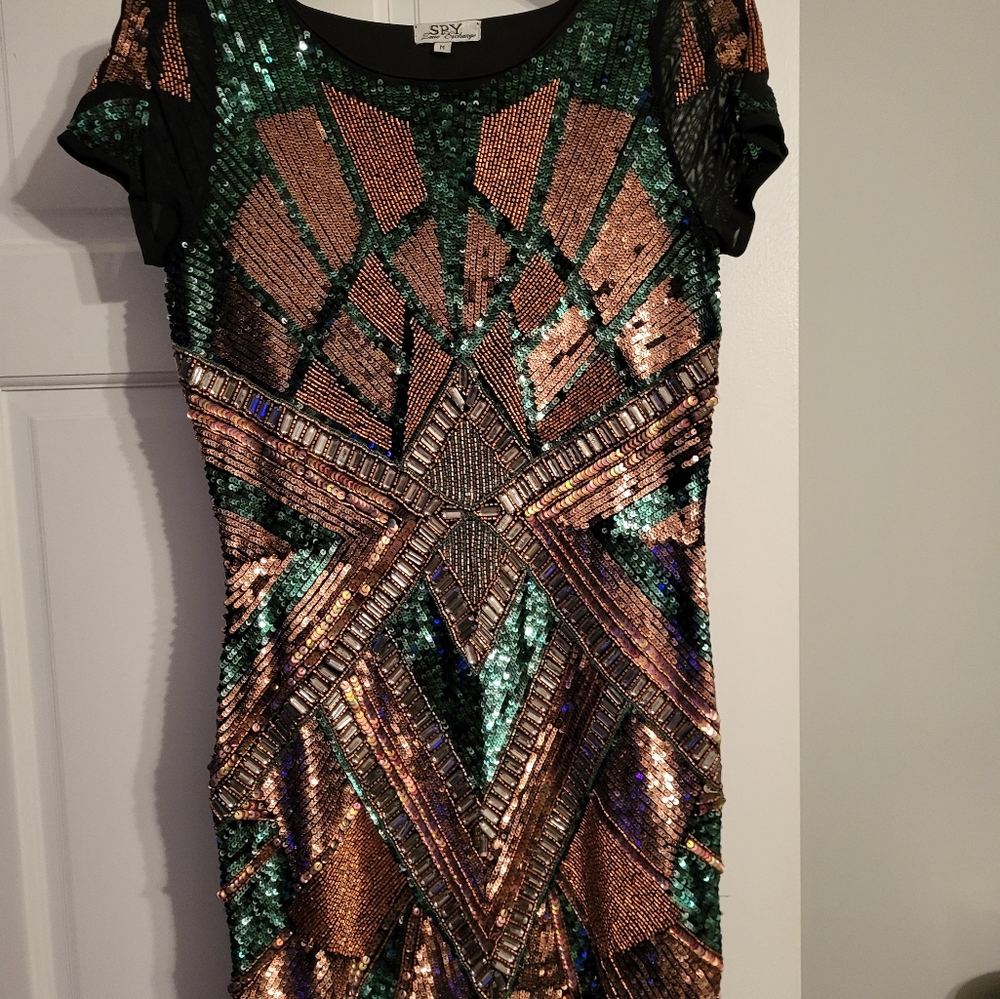 Spy Zone Exchange Sequin (Green, Tan and Black Sequins) Mini Dress